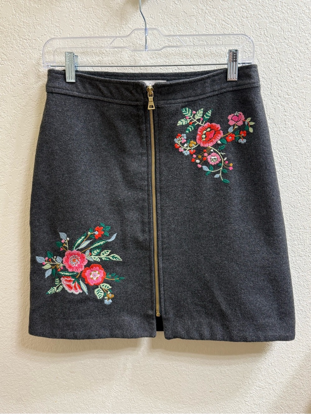 LOFT Charcoal Mini Skirt with Pink & Red Floral Embroidery